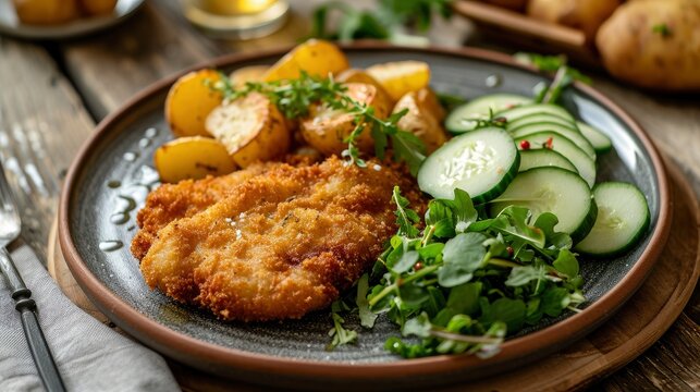 Classic fried schnitzel served with potato and cucumber salad on a rustic modern plate