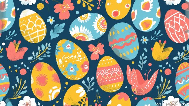 Cute hand-drawn easter eggs horizontal seamless pattern, fun easter decoration, great for banners, wallpapers, card design.
