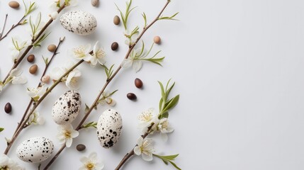 Flat lay easter composition with a willow branch and eggs on a white background - obrazy, fototapety, plakaty