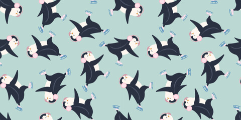 Seamless pattern with cute penguin skating. Animals pattern. Penguin cartoon on winter background. Great for wrapping paper design, fabric, textile. Christmas and New Year background