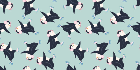 Seamless pattern with cute penguin skating. Animals pattern. Penguin cartoon on winter background. Great for wrapping paper design, fabric, textile. Christmas and New Year background © AnChem07