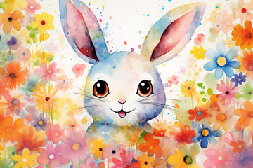 Cheerful baby rabbit playing with butterflies, watercolor style in vibrant colors. Charming addition to a baby's room 