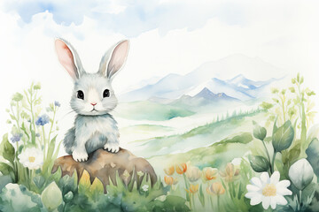 Cheerful baby rabbit playing with butterflies, watercolor style in vibrant colors. Charming addition to a baby's room, generative ai,  generative,  ai,  