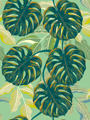 Hand drawn seamless pattern with beautiful tropical leaves. Vector illustration, retro style. Can be used for embroidering works, wallpaper, etc. - obrazy, fototapety, plakaty