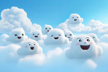 AI-generated image of fluffy, white cloud characters with happy faces, on a pastel blue background.  