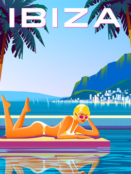Woman on vacation on tropical resort in Ibiza Island. Vintage poster. Handmade drawing vector illustration. Art Deco style.