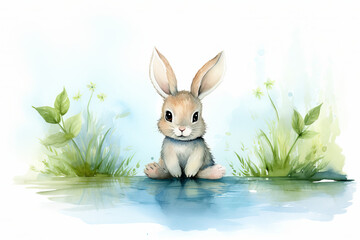 Cute baby rabbit sitting by a watercolor pond, serene blue and green setting. Ideal for a calming baby room atmosphere , generative ai,  generative ai, 
