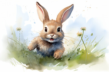 Cute baby rabbit sitting by a watercolor pond, serene blue and green setting. Ideal for a calming baby room atmosphere , generative ai,  generative,  ai, 