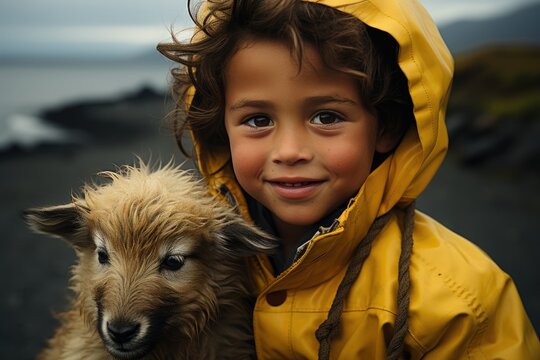 Cheerful child in yellow jacket holding goatling