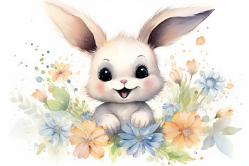 Joyful smiling baby bunny surrounded by watercolor flowers, in pastel colors. Ideal for nursery room decor , generative ai,  generative,  ai, 