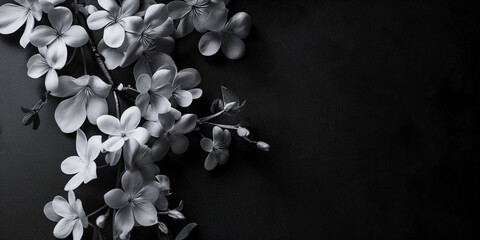 Blumenblüten in weiß zum Hochzeitstag und Geburtstag in schwarz weiß im Querforrnat für Banner, ai generativ