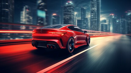 Fototapeta premium Back view of bright red futuristic car driving in highway in the modern city with cityscapes, with high speed, blurred background