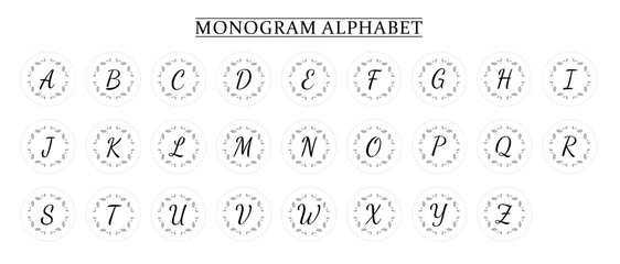 Monogram Alphabet and Floral Motifs, Monogram Letters with Line Floral Arrangements