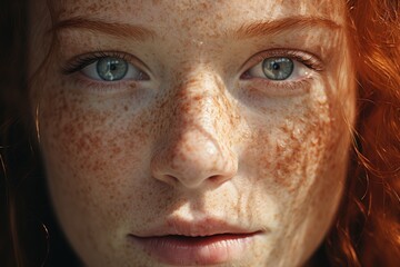Close up of a woman with freckles and beautiful blue eyes - serious look redhead girl
