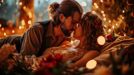 a man and a woman kissing on bed with roses, in the style of candid celebrity shots, light gold and red, vacation dadcore, beautiful women, warmcore, light-focused, manapunk created by ai