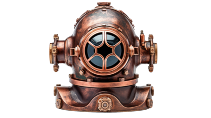 Old copper diving helmet isolated on white or transparent background
