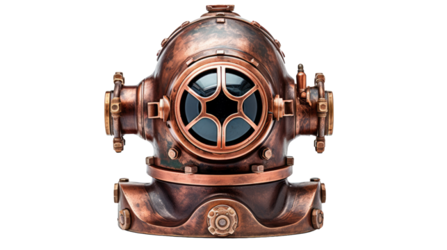 Old copper diving helmet isolated on white or transparent background