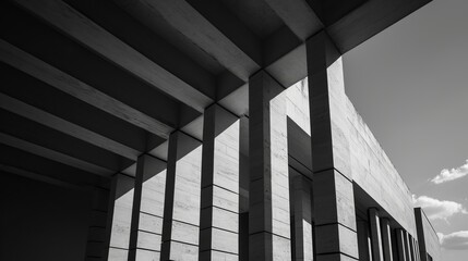 Modern minimalist design captured in monochrome, emphasizing geometric purity and elegance. The interplay of light and structure in contemporary architecture, a vision of simplicity and form