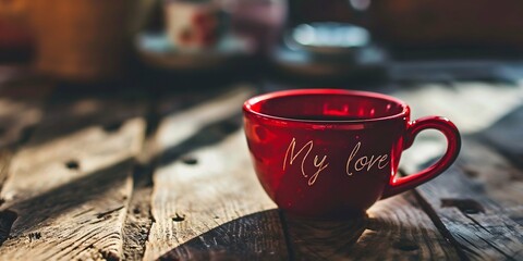 Red mug with the inscription "My love". Ceramic Cup. Romantic gift. Personalized items. Morning coffee. Valentine’s Day. Cosy atmosphere. Evening tea. On dark background