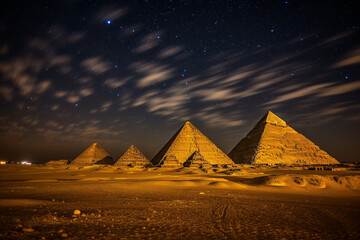 Fototapeta na wymiar The pyramids of Giza, Egypt, at night - Travel to historic wonders, views from above