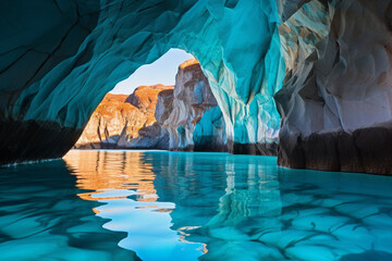 The Marble Caves, Chile, reflected in turquoise waters - Travel to unique formations, seas and oceans