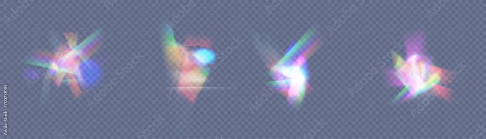 Poster rainbow light rays, lens flare, reflection effect from crystal, glass or gem. vector realistic illus