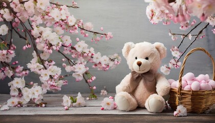 teddy bear with cherry blossoms