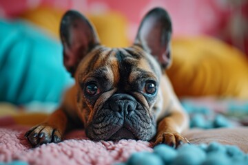 A content fawn-colored french bulldog lounges on a plush bed, showcasing the adorable charm and playful nature of this beloved pet breed - obrazy, fototapety, plakaty