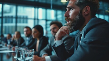 Businessman in a sleek suit, discussing project details with a diverse team in a high-tech meeting room, captured in high definition. - obrazy, fototapety, plakaty