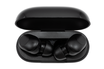 Wireless headphones in a case on a white background. Black headphones isolate. View from above