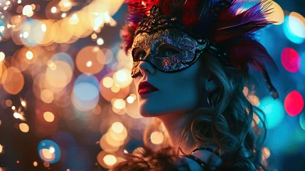Rolgordijnen Beautiful young woman in carnival mask and stylish masquerade costume with feathers and sparklers in colorful bokeh on black background. Christmas, New Year, celebration. Festive time, dance, party. © EMRAN