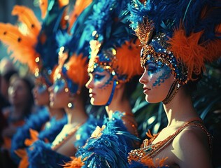 Carnival dancers with blue and orange feather
