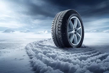 Fotobehang winter tire on snow and ice road advertisement for safety and background © Mkorobsky