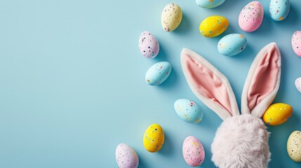 Easter party concept. Top view photo of easter bunny ears white pink blue and yellow eggs on isolated pastel blue background with copyspace in the middle - Powered by Adobe