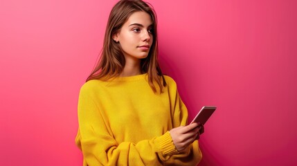 Full length photo of pretty dreamy girl dressed neon sweater chatting modern device looking empty space isolated pink color background