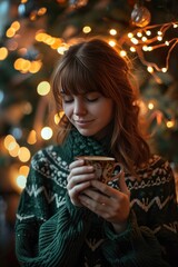 woman holding a cup of coffee in bokeh background