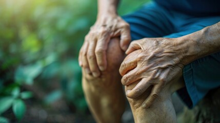 Old man hand holding his knee, knee pain concept - obrazy, fototapety, plakaty