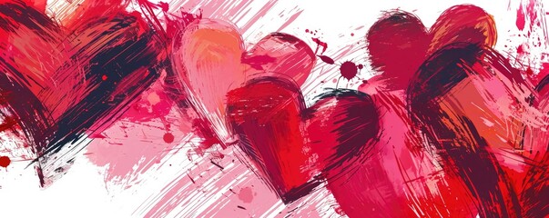 Valentine's day banner in the style of calligraphic marks on white background, happy expressionism, light red and dark magenta poster. - obrazy, fototapety, plakaty