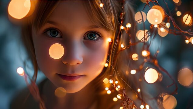 A beautiful girl poses for a photo with lights in her eyes.