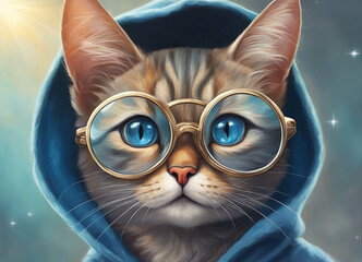 Cat wearing glasses. The cat is wearing a blue hoodie. Round glasses. Ginger cat close up. Fantastic background. Selective focus. AI generated