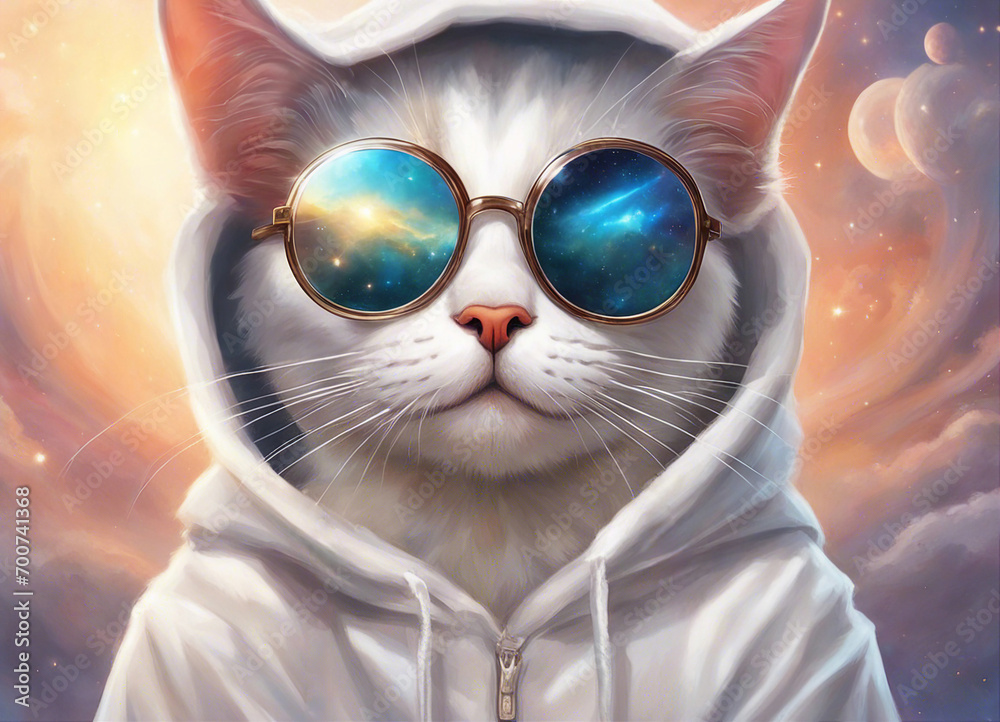 Wall mural Cat wearing glasses. Cat in a white hoodie. Round glasses. White cat close-up. Fantastic background. Selective focus. AI generated - Wall murals