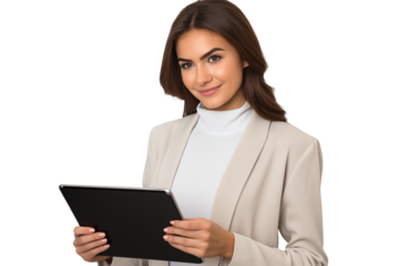 Attractive smiling girl working on a tablet on a transparent background