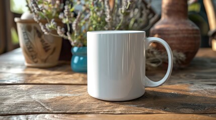 White cup on a wooden table. AI generated.