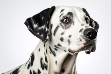 Dalmatian dog close-up portrait on a white background.	

