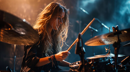 A female drummer in action at a rock concert - obrazy, fototapety, plakaty