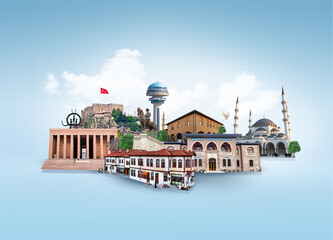 Ankara kolaj çalışması, tarihi mimariler ve gezilecek mekanlar. Translation: Ankara collage work, historical architectures and places to visit.
