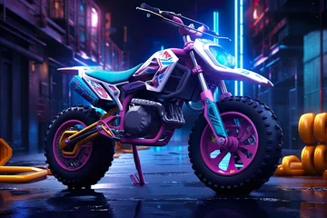 Poster futuristic classic anime chopper bike neon color BIKE buildings in the background made with AI © Umar