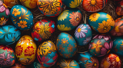 Fototapeta na wymiar Easter eggs pattern, top view