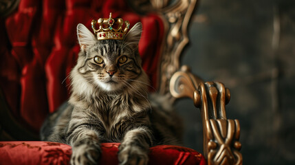 beautiful cat in crown on his head wearing kings outfit and sitting on the red and gold velvet throne