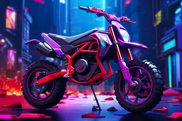 futuristic classic anime chopper bike neon color BIKE buildings in the background made with AI